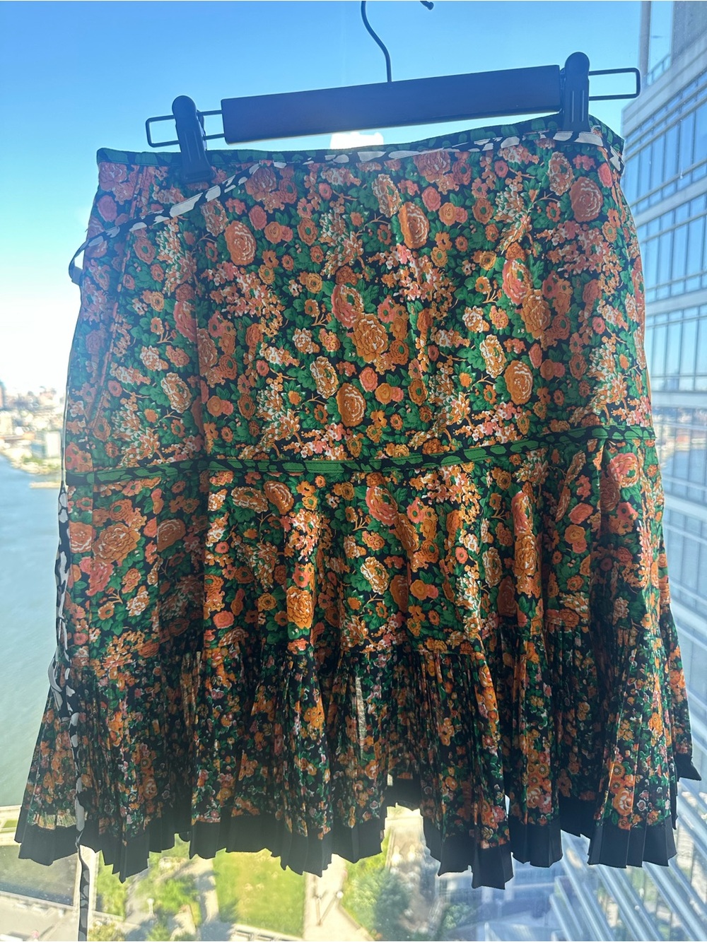 Coach Green Floral Tiered Skirt with Orange Rose Print